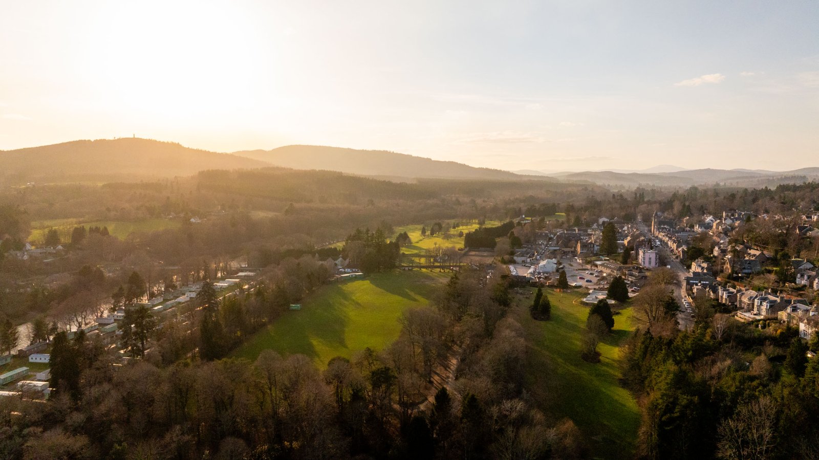 Royal Deeside forest and river above Banchory at golden hour