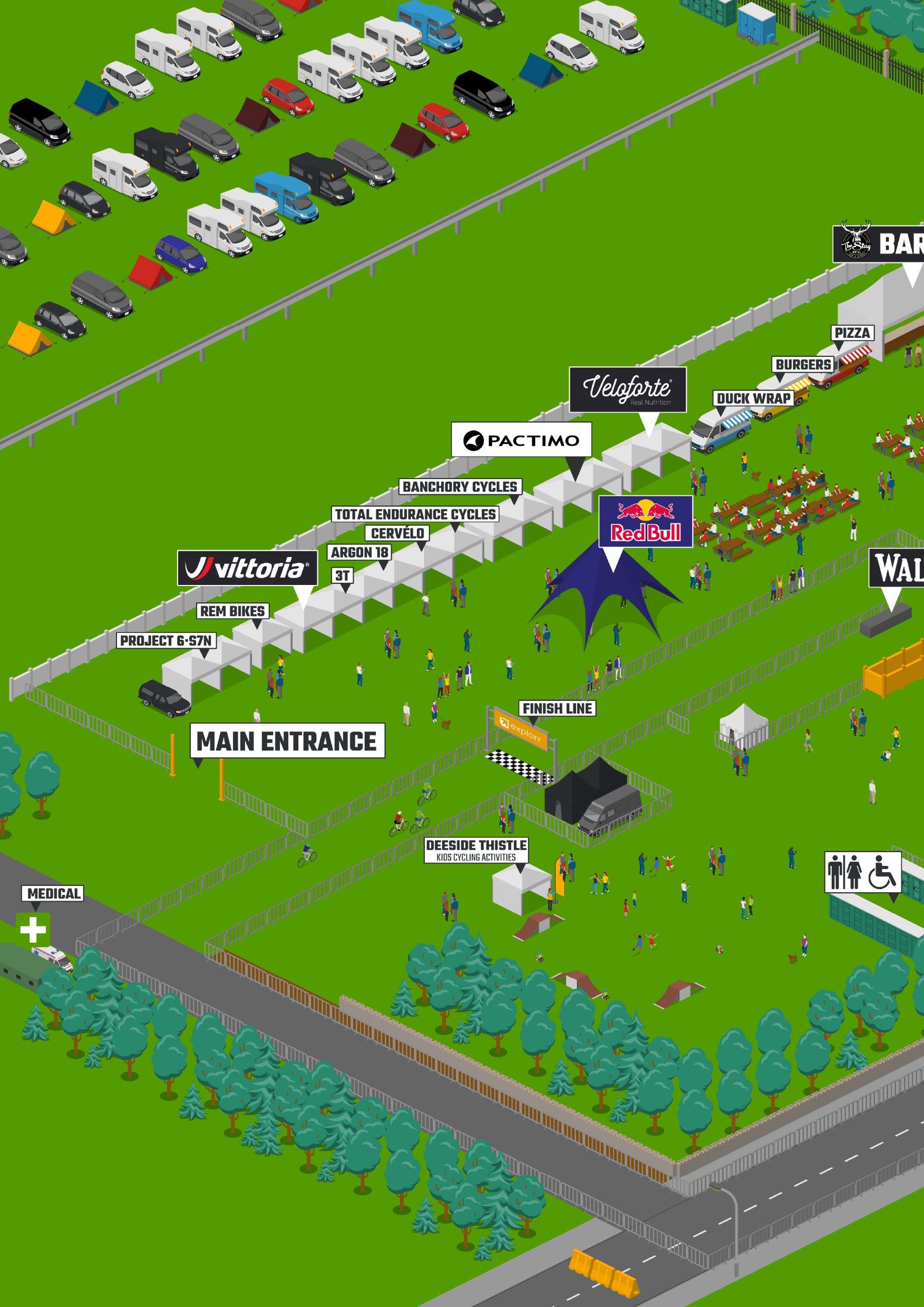 Festival Village map, left half — expo, main entrance and finish line